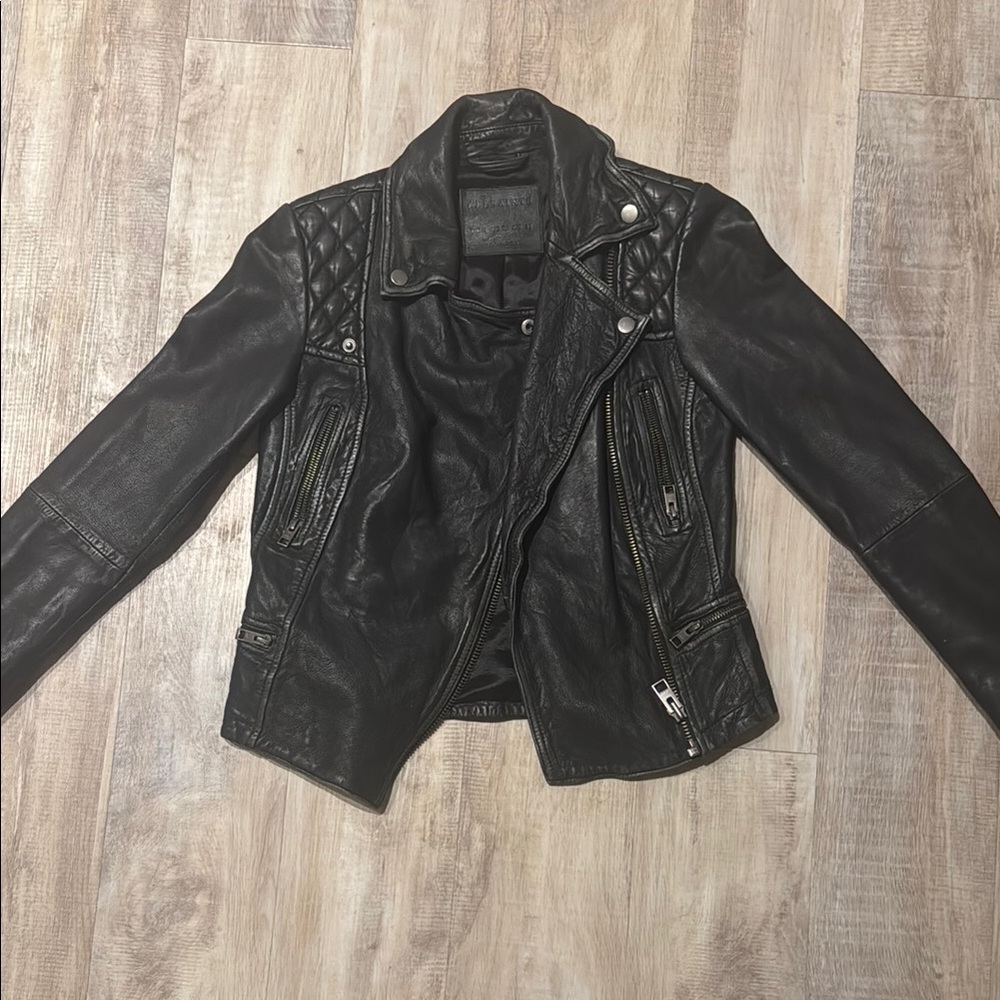 All Saints Cargo Distressed Leather Biker Jacket